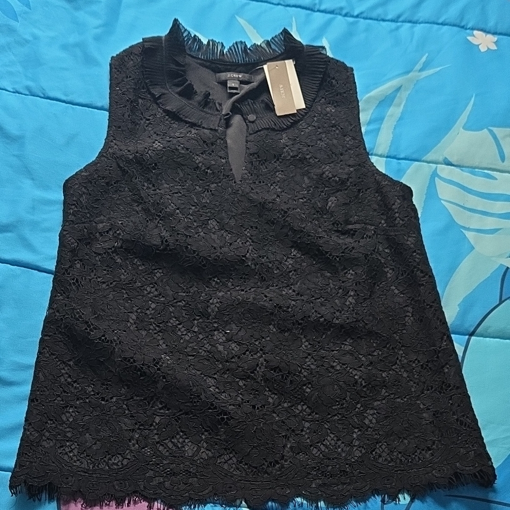 J. Crew Black Lace Ruffle Neck Camisole